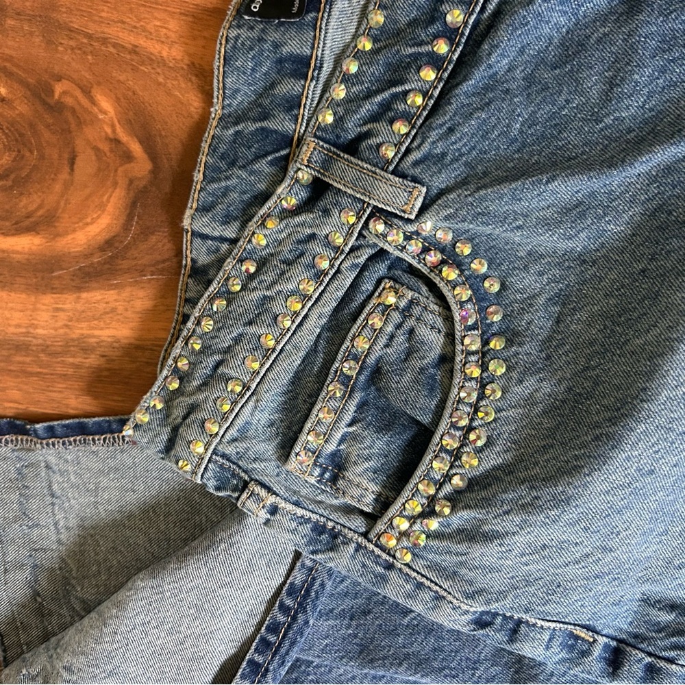 ASOS Rhinestone Studded Denim Jeans With Split Calf Hem Button Fly 32x36 Tall - Picture 3 of 7